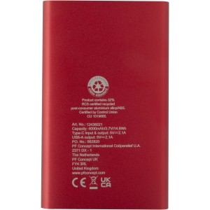 Pep Type-C jrahasznostott alumnium powerbank, 4000 mAh, piros (powerbank)